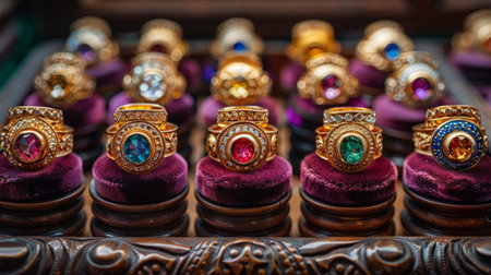 A close-up view of several rings stacked together, showing their intricate designs and details.の素材
