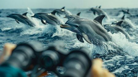 A group of dolphins leaping out of the water in unison, showing their agility and grace in the ocean.の素材