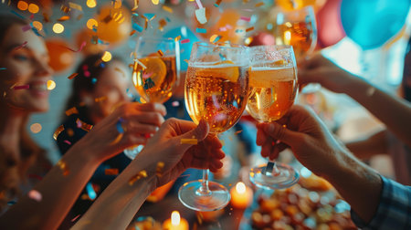 A group of individuals raising their glasses filled with beer in a celebratory toast.の素材