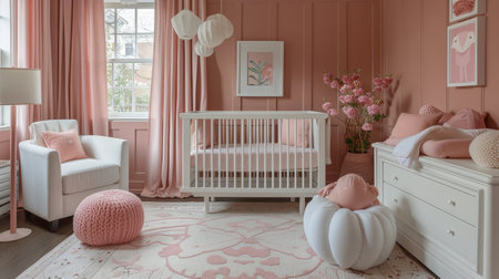 A babys room featuring pink walls and a pristine white crib. The room is designed for a baby, with soft colors and a cozy ambiance. The crib is the focal point of the room, surrounded by various baby essentials and decorations. The pink walls add a warm and welcoming touch to the space.の素材