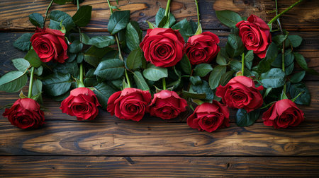 A group of vibrant red roses arranged neatly on top of a sturdy wooden table. The rich color of the roses contrasts beautifully with the natural wood texture of the table, creating a visually striking scene.の素材