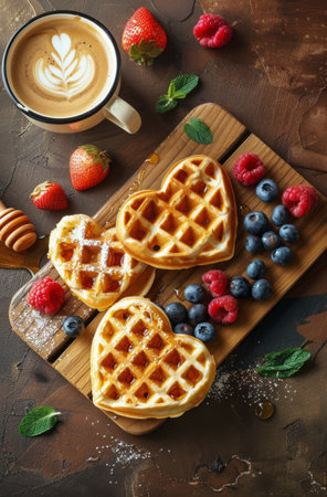 A pair of golden-brown waffles are placed neatly on a rustic wooden table, creating a simple yet inviting breakfast scene. The warm colors and textures of the waffles contrast beautifully with the dark grain of the table.の素材