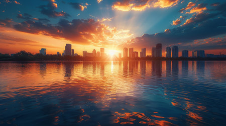 The sun sets behind a city skyline, casting a warm glow over the buildings. Clouds drift across the sky, adding texture to the scene. The colors in the sky range from deep oranges to soft pinks, creating a dramatic and dynamic sunset over the urban landscape.の素材