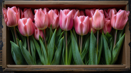 A wooden box filled with vibrant pink tulips sits on top of a wooden table. The tulips are neatly arranged in the box, creating a colorful and beautiful display.の素材