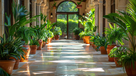 A long hallway lined with potted plants on either side, creating a symmetrical and green environment inside a building or structure.の素材