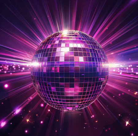 A shiny disco ball suspended from a string, reflecting bright lights and creating dazzling patterns on surrounding surfaces.の素材