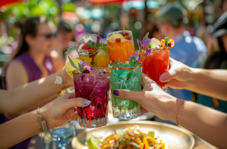 A group of individuals are seated around a table, each holding a drink in hand. Conversations and interactions are happening among the group as they enjoy their beverages and socialize.の素材