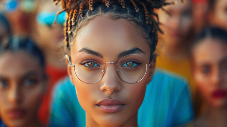 A woman with intricate braids stands confidently in front of a diverse group of individuals. She appears to be the center of attention, exuding strength and charisma.の素材