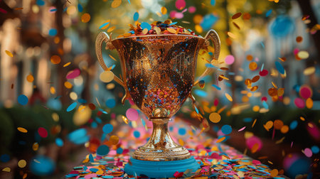 A golden trophy standing upright with colorful confetti falling from it, creating a festive and celebratory atmosphere. The trophy is the focal point, with the confetti adding a sense of jubilation and victory to the scene.の素材