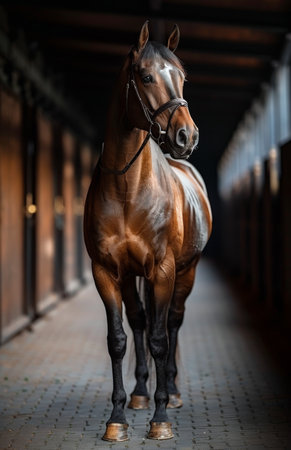 A brown horse is standing on a brick floor, looking around its surroundings. The sturdy hooves of the horse contrast with the rough texture of the bricks underneath.の素材