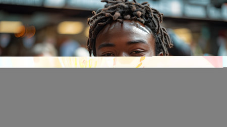A man with dreadlocks is looking directly at the camera and smiling. He appears and relaxed content, exuding confidence.の素材