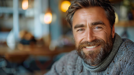 A detailed view showing the face of a person with a well-groomed beard. The focus is on the facial features, emphasizing the texture and style of the beard.の素材
