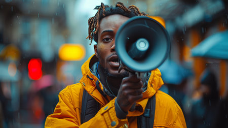 A woman stands holding a yellow and black megaphone in front of her face. She looks focused and ready to speak into the megaphone, possibly to amplify her voice in a crowd or event.の素材