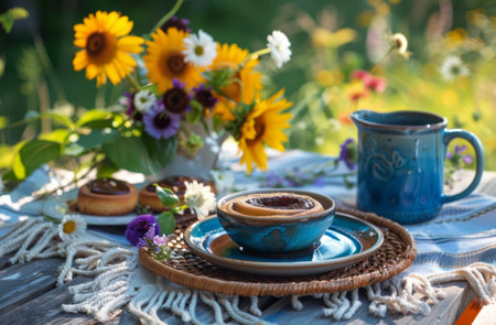 A plate of food, consisting of various dishes, and a cup placed neatly on a wooden table. The table setting suggests a meal about to be enjoyed or just finished.の素材
