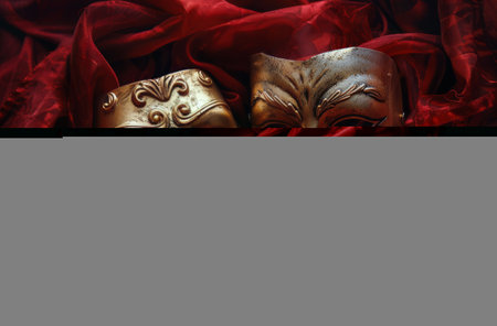 Two theatrical masks, one happy and one sad, stand against a backdrop of vibrant red curtains. The masks symbolize the contrasting emotions often portrayed in theater.の素材