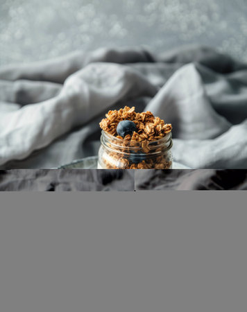 A glass jar is filled with a mixture of crunchy granola and fresh blueberries. The blueberries add a burst of color to the mix, contrasting with the golden hues of the granola.の素材
