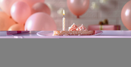 A slice of cake with a lit candle on top, placed on a white plate. The cake appears moist and chocolatey, with colorful sprinkles decorating the frosting.の素材