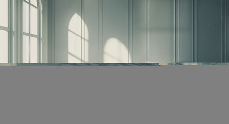 A room devoid of furniture, featuring a spacious window and polished marble flooring. Sunlight streams in through the window, casting shadows on the pristine surface.の素材