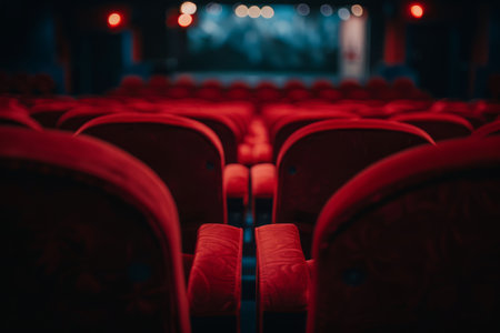 A straight line of vibrant red seats fills the theater, creating a striking contrast against the dark walls. Each seat is neatly aligned, ready for an audience to occupy them during a performance.の素材