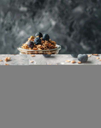 A glass jar is filled with a mixture of crunchy granola and fresh blueberries. The blueberries add a burst of color to the mix, contrasting with the golden hues of the granola.の素材