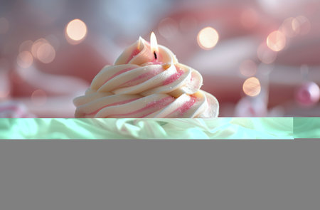A cupcake topped with a lit candle, standing on a table. The candle flame flickers.の素材