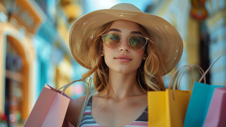 A woman wearing a hat and sunglasses is holding multiple shopping bags in her hands. She appears to be standing outside a store, possibly after a shopping spree. The bags seem full and colorful, suggesting a successful shopping trip.の素材