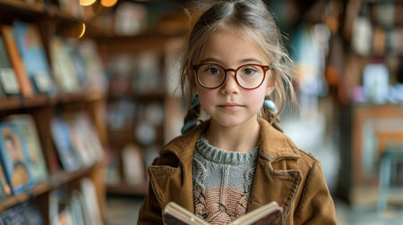 A young girl is standing in a library, holding a book in her hands. She appears focused and engaged as she reads the book, surrounded by shelves filled with various books.の素材