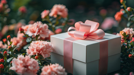 A white gift box with a pink bow rests among a field of vibrant pink flowers. The contrast between the box and the flowers creates a visually striking scene in nature.の素材