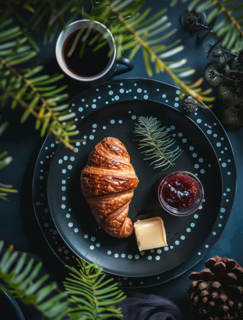 A fluffy croissant sits on a white plate, its golden crust glistening. The croissant is generously slathered with creamy butter and topped with colorful jams, creating a delicious and indulgent breakfast or snack.の素材