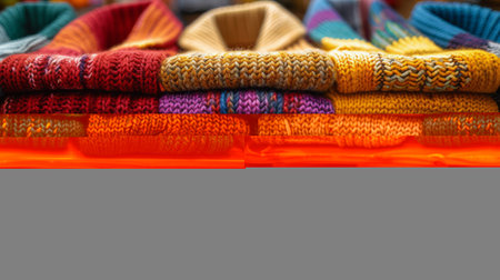 Various colorful sweaters are neatly displayed on a rack. Each sweater hangs neatly with different colors and designs, creating a visually appealing array of winter clothing.の素材