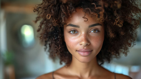 A close-up view of a woman with curly hair, showing the texture and natural beauty of her hair. The image zooms in on her facial features, highlighting her unique curls.の素材
