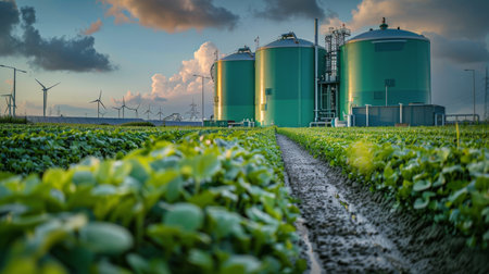 A dirt road winds through a field towards two large green tanks. The tanks stand tall against the backdrop of the open field under a clear sky on a sunny day.の素材