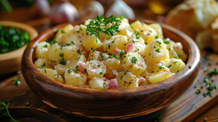 A wooden bowl filled with creamy potato salad sits atop a simple wooden table. The dish is ready to be served at a casual gathering or picnic.の素材