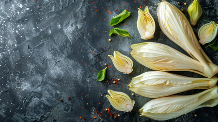 Several fresh green leeks are arranged neatly on a dark black surface. The leeks are long, slender vegetables with white bulbs and green leaves.の素材