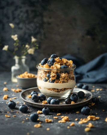 A bowl filled with granola topped with fresh blueberries sits on a white plate. The granola is clustered together, and the blueberries add a pop of color to the dish. The plate is placed on a wooden table.の素材