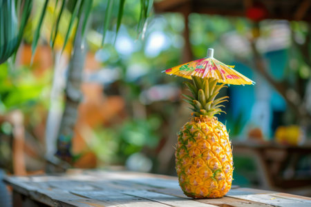 A ripe pineapple sits on a wooden table with a straw inserted in its spiky crown, ready to be enjoyed as a refreshing tropical drink.の素材