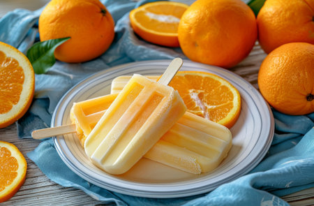 A white plate is displayed with bright popsicles on top, each covered with vibrant orange slices. The colorful treats are arranged neatly, with the juicy citrus fruits enhancing the frozen desserts visual appeal.の素材
