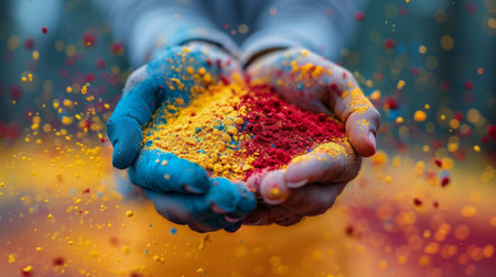 A man in action throwing vibrant colored powder on his hands, creating a cloud of colorful particles in the air.の素材