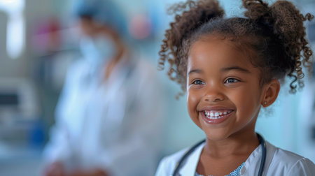 A young child, identified as a girl, joyfully gazes at the camera while wearing a stethoscope around her neck. Her expression is one of happiness and curiosity, conveying a sense of funfulness and innocence. The stethoscope adds a touch of authenticity to her role-playing as a healthcare provider, fostering creativity and imagination.の素材