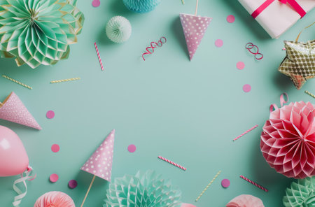 Colorful paper hats laid scattered on a vibrant blue background, surrounded by confetti. The hats come in various hues, adding a festive touch to the scene.の素材