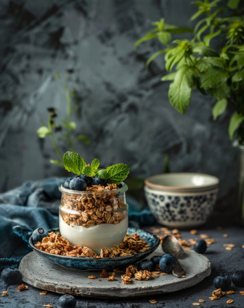 A glass jar filled to the brim with crunchy granola and juicy blueberries. The vibrant blueberries contrast beautifully against the earthy tones of the granola, creating a visually appealing display of wholesome ingredients ready to be enjoyed.の素材