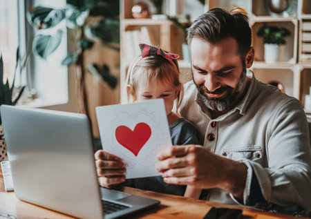 A man and a little girl sitting together, looking attentively at a laptop screen. The man is pointing at something on the screen, while the girl appears curious and engaged in the content displayed.の素材