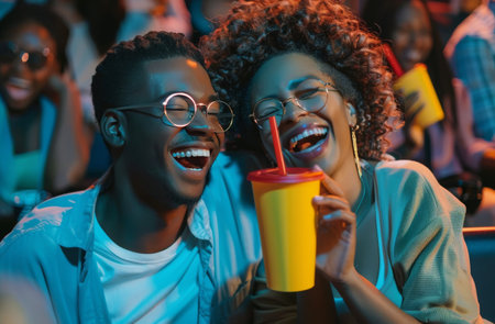 A man and a woman are joyfully laughing while holding drinks in their hands, enjoying a moment of shared happiness and relaxation.の素材
