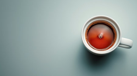 A ceramic cup filled with tea is placed on a wooden table, with steam rising from the hot beverage. The table surface is smooth and reflects the ambient light, creating a simple yet cozy scene.の素材