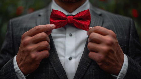 A professional man wearing a classic black suit paired with a vibrant red bow tie, standing confidently. The outfit exudes elegance and sophistication.の素材