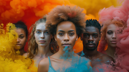 A diverse group of individuals, both men and women, standing in front of vibrant colored smoke. The smoke billows around them, creating a visually striking scene. Each person is looking towards the smoke, with expressions of curiosity and awe.の素材