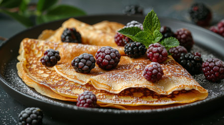 A plate filled with fluffy pancakes topped with juicy blackberries and fresh mint leaves. The sweet berries contrast beautifully with the aromatic mint, enhancing the flavors of this delicious breakfast dish.の素材