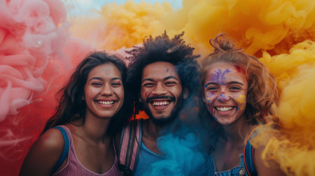 A diverse group of individuals, both men and women, standing in front of vibrant colored smoke. The smoke billows around them, creating a visually striking scene. Each person is looking towards the smoke, with expressions of curiosity and awe.の素材