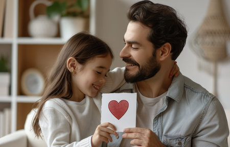 A man and a little girl are standing together, holding a card with a heart symbol on it. They are looking at the card with smiles on their faces.の素材