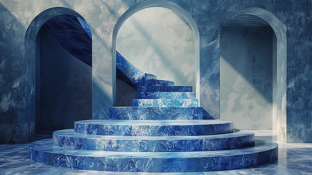A blue round object is prominently displayed on top of a clean white pedestal. The object appears to be perfectly balanced, creating a striking contrast with the pedestals pristine surface.の素材